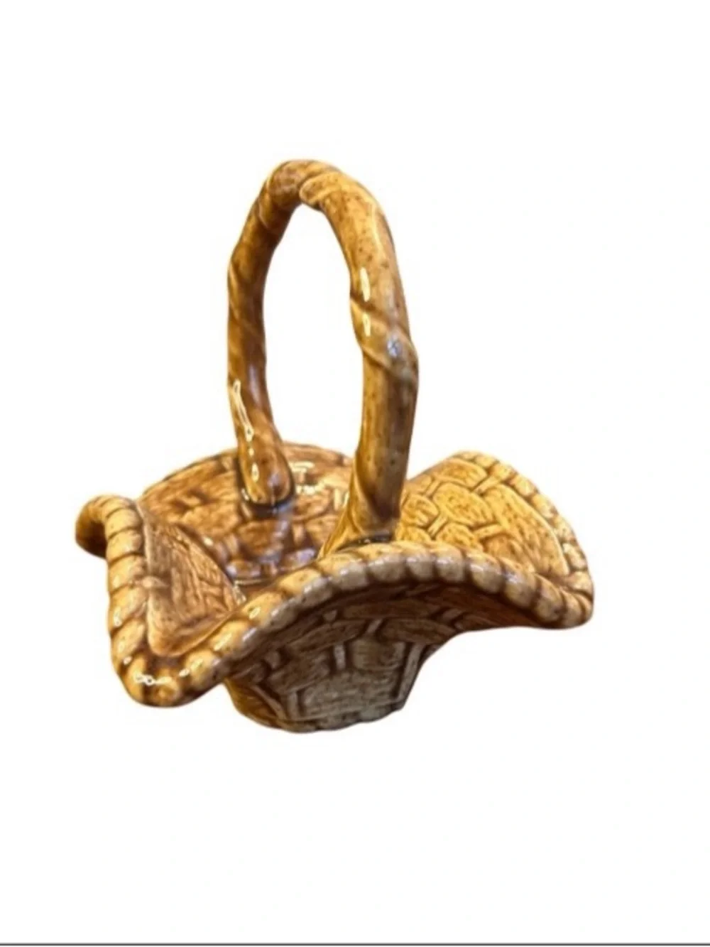 Handcrafted Basket Artist Pottery 5” Glazed Weaving Pattern Decoration Trinket